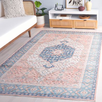 Safavieh Washable Rug Arizona Collection - 4' x 6', Rust & Aqua, Slip Resistant & Easy to Clean, Ideal for Foyer, Kitchen, Nursery, Office, Bedroom (ARZ214P)