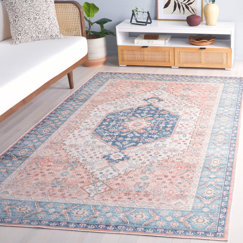 Safavieh Washable Rug Arizona Collection - 4' x 6', Rust & Aqua, Slip Resistant & Easy to Clean, Ideal for Foyer, Kitchen, Nursery, Office, Bedroom (ARZ214P)
