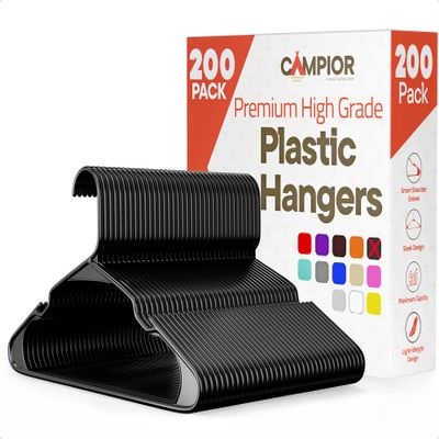 Black Plastic Hangers 200 Pack Heavy-Duty Plastic Hangers Slim and Space-Saving, Durable and Lightweight PP with Non-Slip Shoulder Notches for Slip Dresses, Suits, Jackets & Camisoles