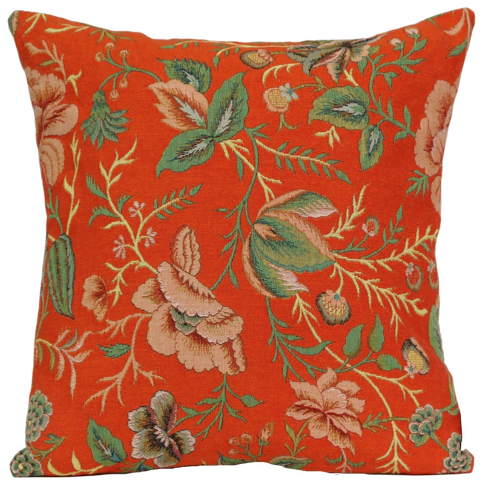 Charlotte Home Furnishings Decorative Pillow Covers for Couch 19x19 in Tapestry Throw Pillow Cover for Living Room Decor Peony Orange Floral Pillow Covers French Made Soft Cotton Jacquard Woven