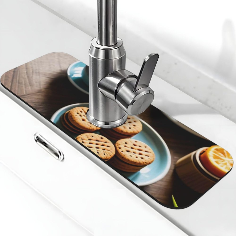 Coffee and Snacks Printed Faucet Mat,Rubber Anti-slip Sink Faucet Mat Pad Splash Guard Absorbent Fast Drying Mat for kitchen Bathroom 15" X 5.5"