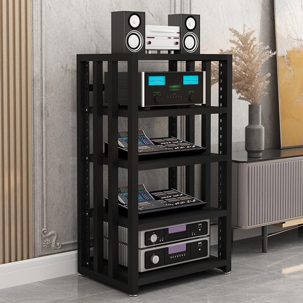 YHWKGZ Media Stand, Height Adjustable Audio Rack, Metal Steel Frame, 5-Layer Multimedia Storage Cabinet, Suitable for PS4/Cable Box Player/Game Console(Black)