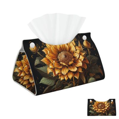 Tissue Box Cover PU Leather Rectangular Tissue Box Sunflower Tissue Holder Napkin Dispenser Decorative Tissue Box Holder Paper Holder for Bathroom Office 7.9" L x 4.9" W x 4.5" H