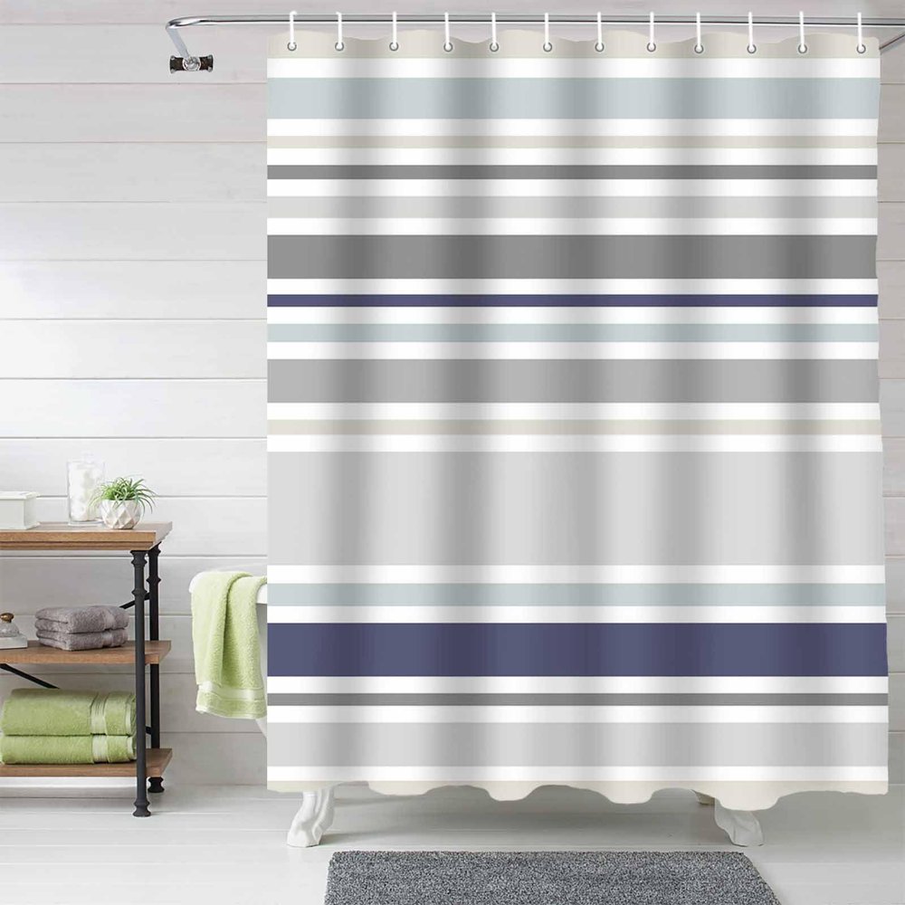Anzona Gray Navy Blue Striped Waterproof Shower Curtains Set - Standard 72 x 72 Inch, Abstract Art Rustic Stripes Polyester Fabric Bathroom Curtain with 12 Hooks, Bathroom Accessories, 1 Panel