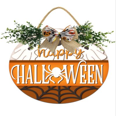 Halloween Wooden Hanging Sign Ghost Happy Halloween Sign with Bow Vintage Halloween Door Hanger Sign for Farmhouse Home Window Outdoor Wall Party Decoration Supplies