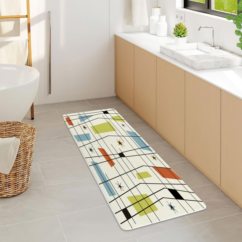 DYNH Mid Century Modern Abstract Geometric Bath Mat, Teal Blue Retro Grid Starbursts 19X31IN