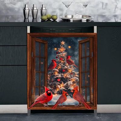 MLGB Christmas Tree Kitchen Decor Magnet Dishwasher Cover Panel Decal, Window Red Bird Fridge Magnet Cover, Winter Birds Home Appliance Full Stickers for Dishwasher, Magnetic 23" x 26"
