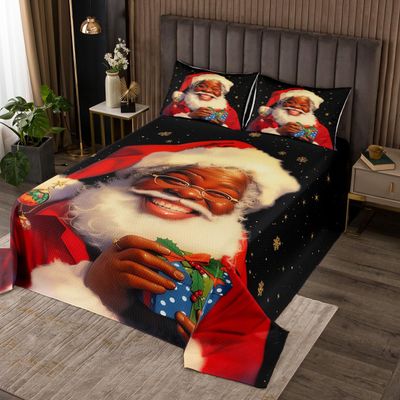 Santa Claus Kids Bedspread Queen Size,Xmas Snowflake Starry Sky Christmas Poinsettia Coverlet Set,Boys Girls Room Decor,Afro American Black People Quilted Coverlet,Red Bedding Quilt,2 Pillowcases
