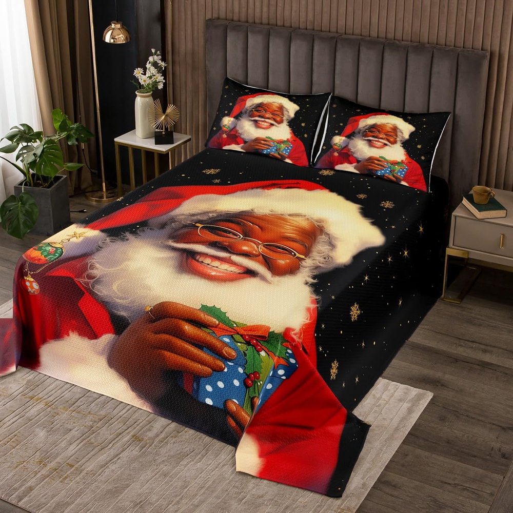 Santa Claus Kids Bedspread Queen Size,Xmas Snowflake Starry Sky Christmas Poinsettia Coverlet Set,Boys Girls Room Decor,Afro American Black People Quilted Coverlet,Red Bedding Quilt,2 Pillowcases