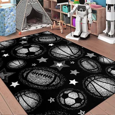 Sports Balls Carpet Rug - Black Balls Rug for Boys Kids Room Sports Rugs for Boys Bedroom, 5'7'