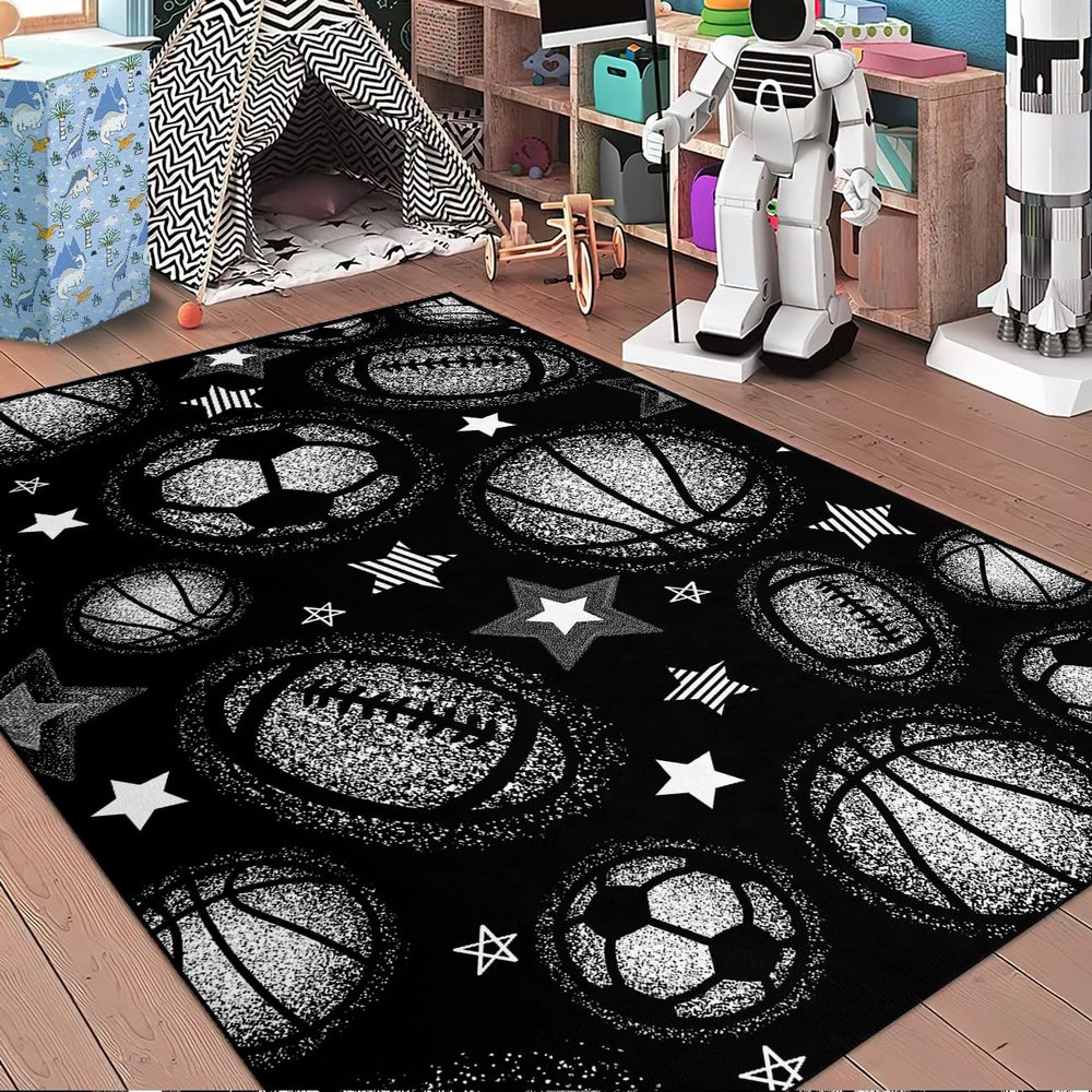 Sports Balls Carpet Rug - Black Balls Rug for Boys Kids Room Sports Rugs for Boys Bedroom, 5'7'