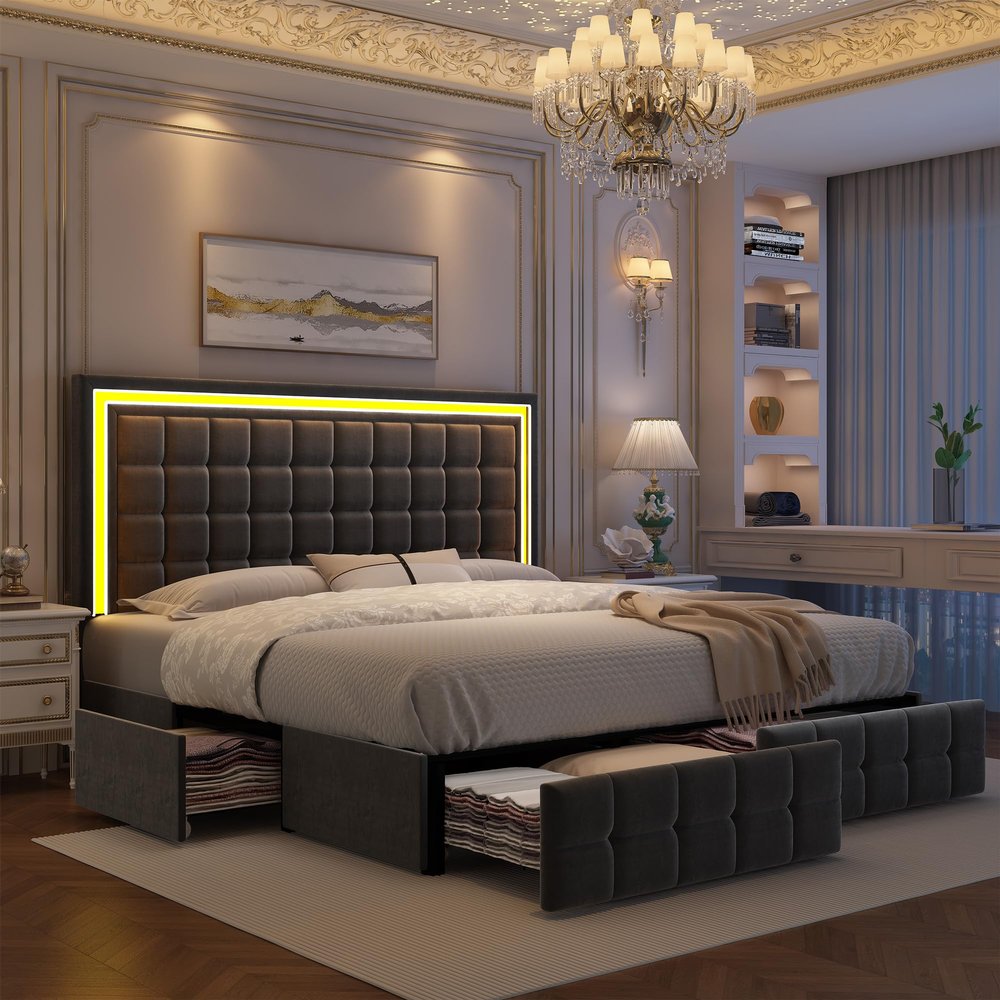 GEGOFORU Full Bed Frame with LED Lighting and Storage Drawers, No Box Spring Needed, Supports 900 lbs, Easy Assembly, Quiet and Sturdy Design, Velvet Gray