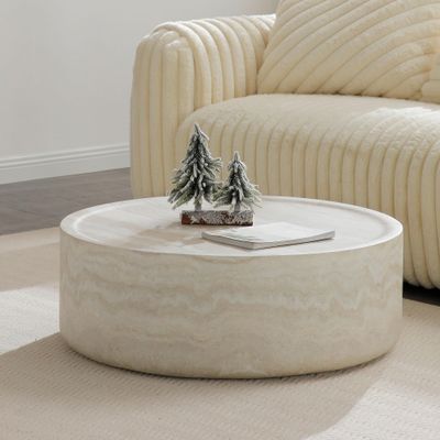 35.43" Marble Travertine Round Drum Coffee Table for Living Room, Modern Circle Center Side Table End Table for Living Room, Apartment, Office, No Need Assembly, Marble Stone Shape