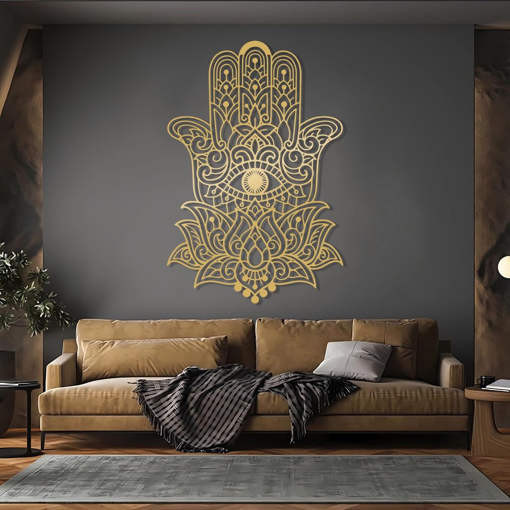 Hamsa Hand Metal Wall Decor, Hamsa Wall Art, Metal Lotus Flower Wall Art, Jewish Art, Spiritual Wall Decor, Meditation Wall Art, Zen Wall Decor, Zen Home Decor, Spiritual Gift (Gold, 39"x59"|100x150cm)