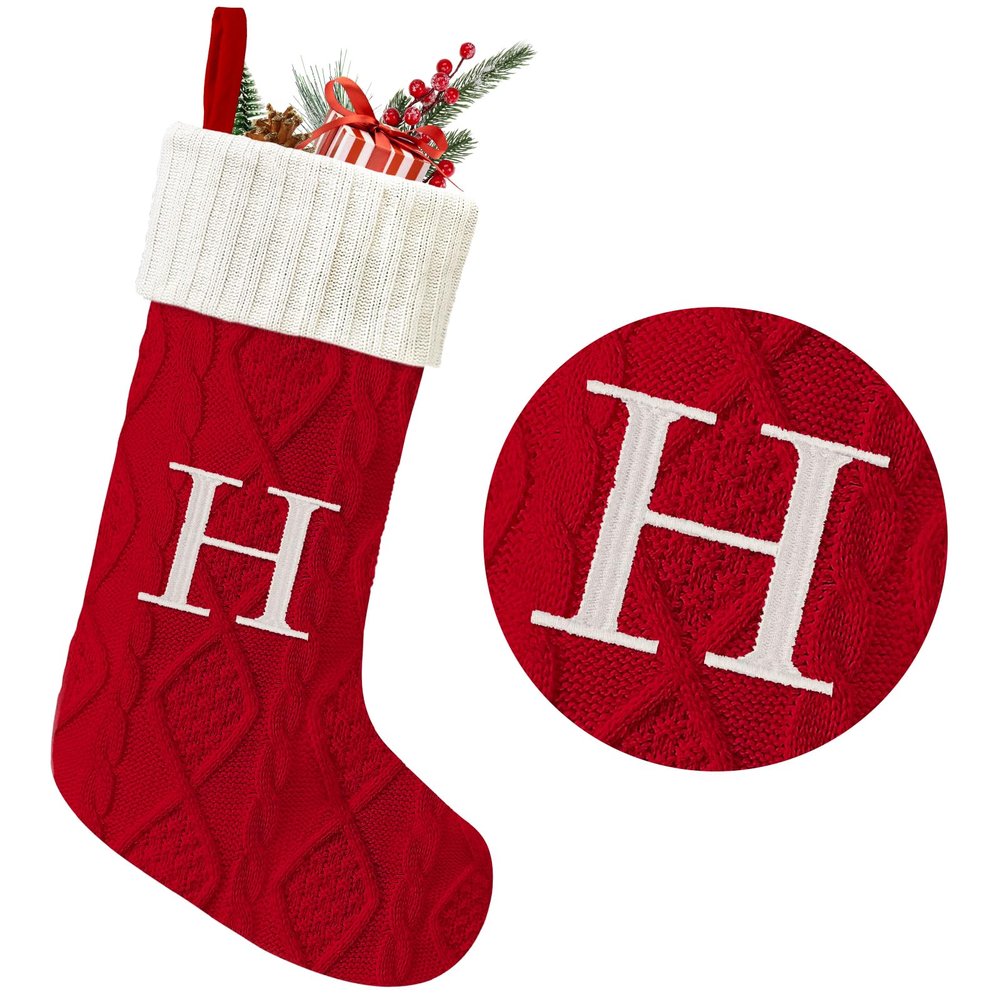 Yoochee 21 Inches Knitted Christmas Stockings with Initials, Large Red Custom Monogram Christmas Stockings with Letter, Personalized Xmas Decoration for Holiday Family Party(Red-H)