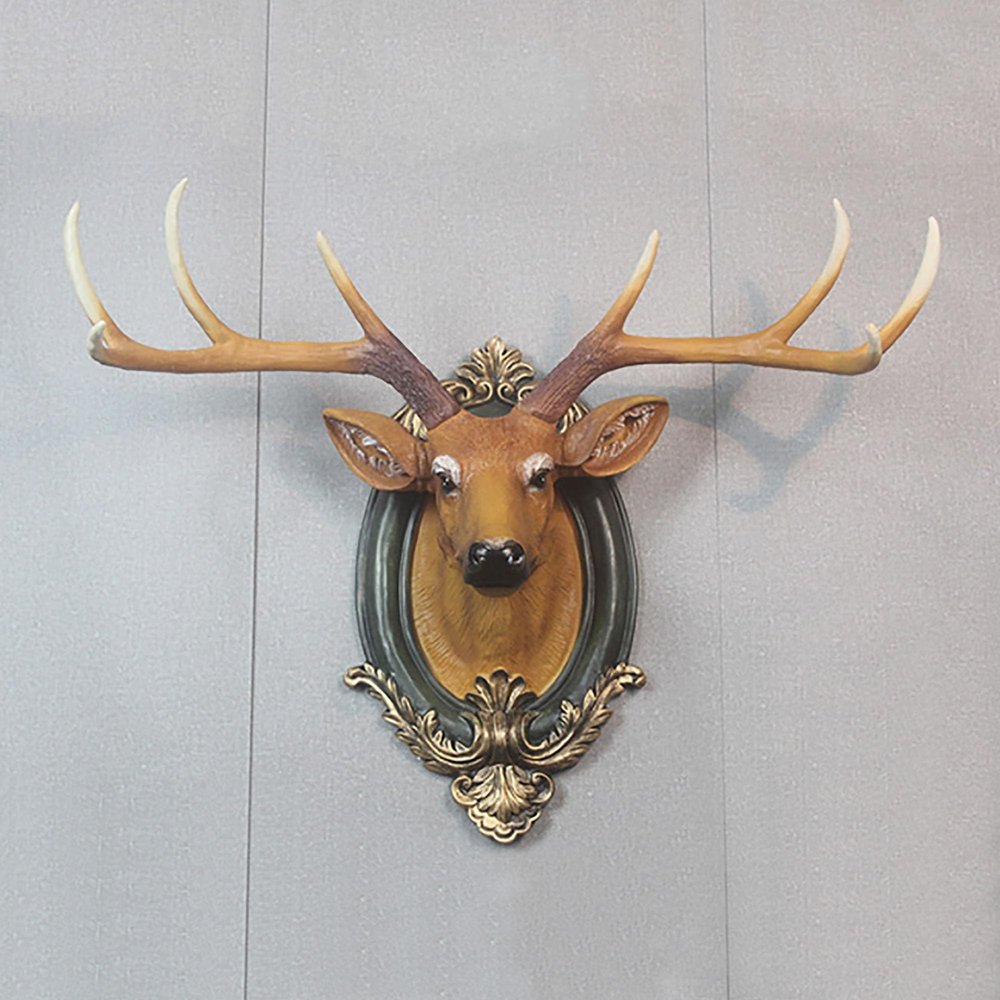 Deer Head Wall Decor Rustic Wall Mounted Deer Head, Faux Taxidermy Animal Head Wall Art Pendant, Handmade Resin Head Sculptures Detachable Antlers woodland nursery decor for Porch, modern wall decor(B