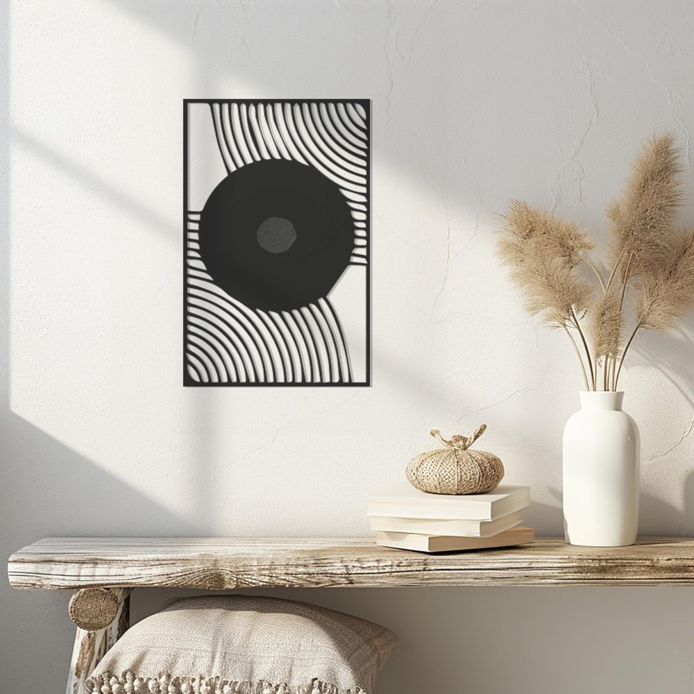 Violaura Abstract Metal Wall Art - Easy to Install Hanging Geometric, Curves, Concentric, Circles, Contrast, Artistic, Decoration, Minimal, Peaceful Perfect for Home, Living Room Decor (24.0" x 14.4")