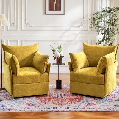 ABCASA Yellow Oversized Accent Chair with Removable & Washable Chenille Cover, Modern Mid-Century Upholstered Armchair, Deep Seat Comfy Reading Chair for Living Room, Pet & Kid Friendly,Set of 2