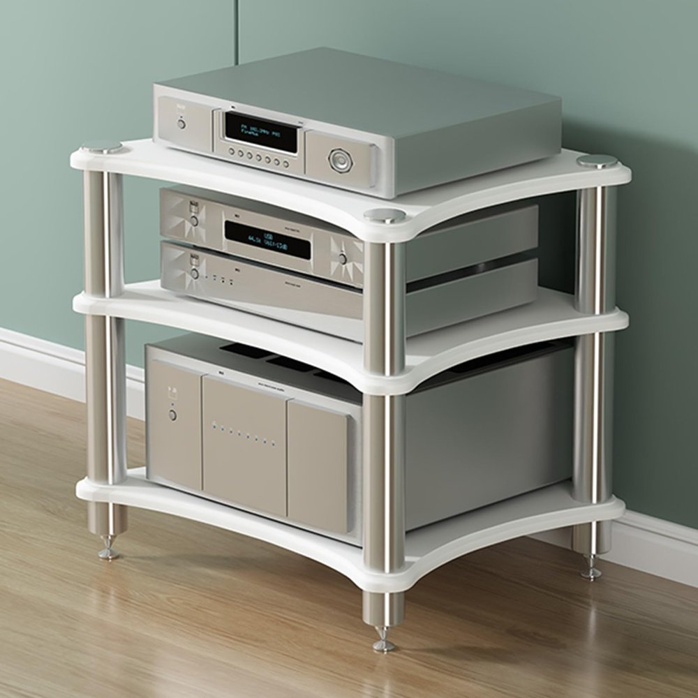 Audio Rack Av Tower Media Stand Movable 3-Tier Home Stereo Display Record Player Stereo Receiver Tall Heavy Duty Audio-Video Media Stand with Adjustable Shelf for Theater Sound Studio(Light white,60x4