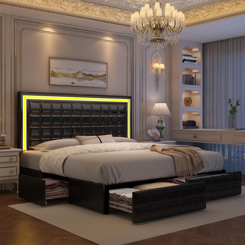 GEGOFORU Full Led Bed Frame with 4 Storage Drawers, No Box Spring Needed, Supports 900 lbs, Easy Assembly, Quiet and Sturdy Design, PU Black