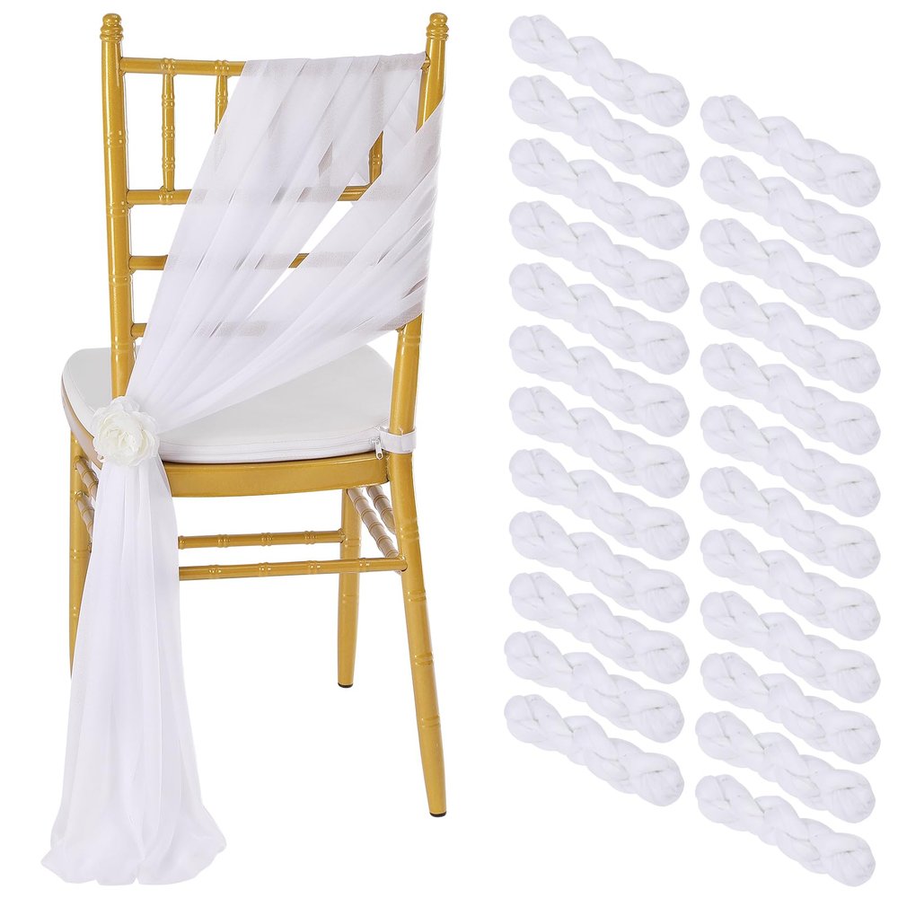 White Wedding Chair Sashes Drapes: 8ft Sheer Chair Covers - 24Pcs Chair Bows Ties Party Banquet Tulle Chair Decorations