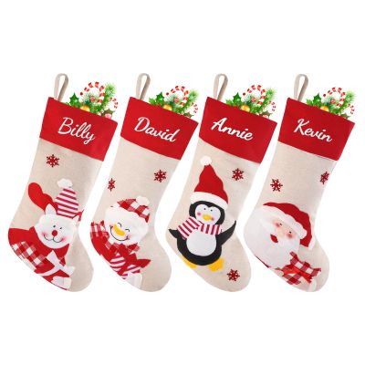 Personalized Christmas Stocking,18.5"Customized Name Embroidered, Xmas Fireplace Decorations, Adorned with Santa, Snowman, Penguin, and Bear for Family Party Holiday Season Decoration (9 pcs)