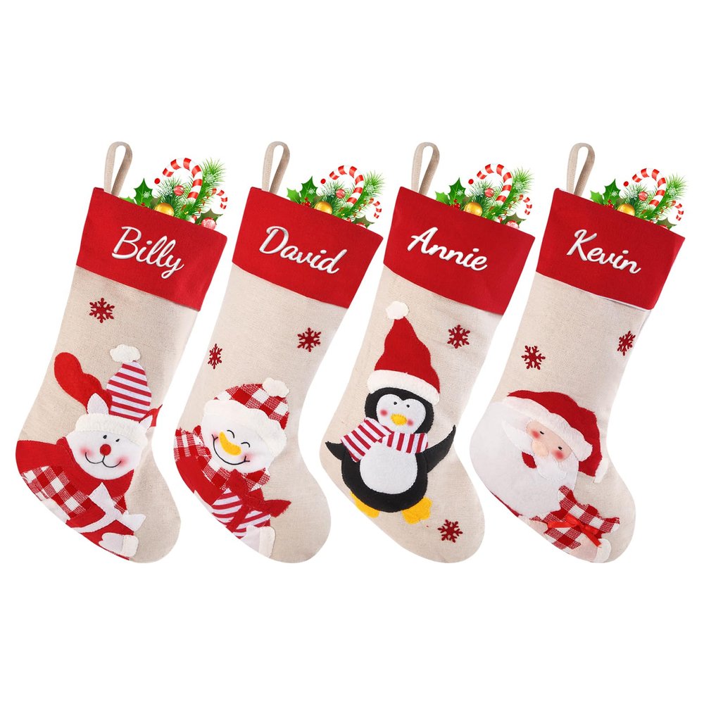 Personalized Christmas Stocking,18.5"Customized Name Embroidered, Xmas Fireplace Decorations, Adorned with Santa, Snowman, Penguin, and Bear for Family Party Holiday Season Decoration (9 pcs)