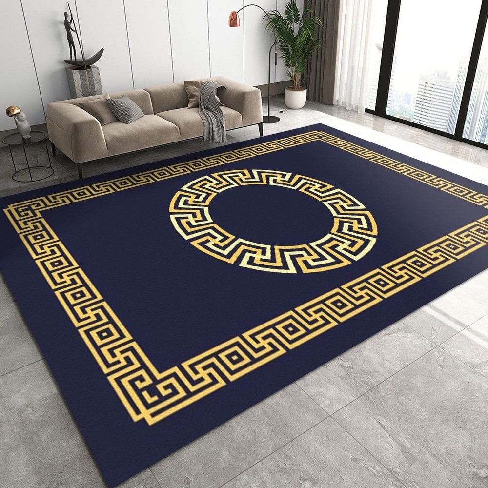 2x3 Rug Dark Blue Gold Greek Key Pattern Washable Rugs, Boho Print Laundry Room Carpet Non Slip Throw Rugs for Bathroom Kitchen Sink Front Door Bedroom Bedside