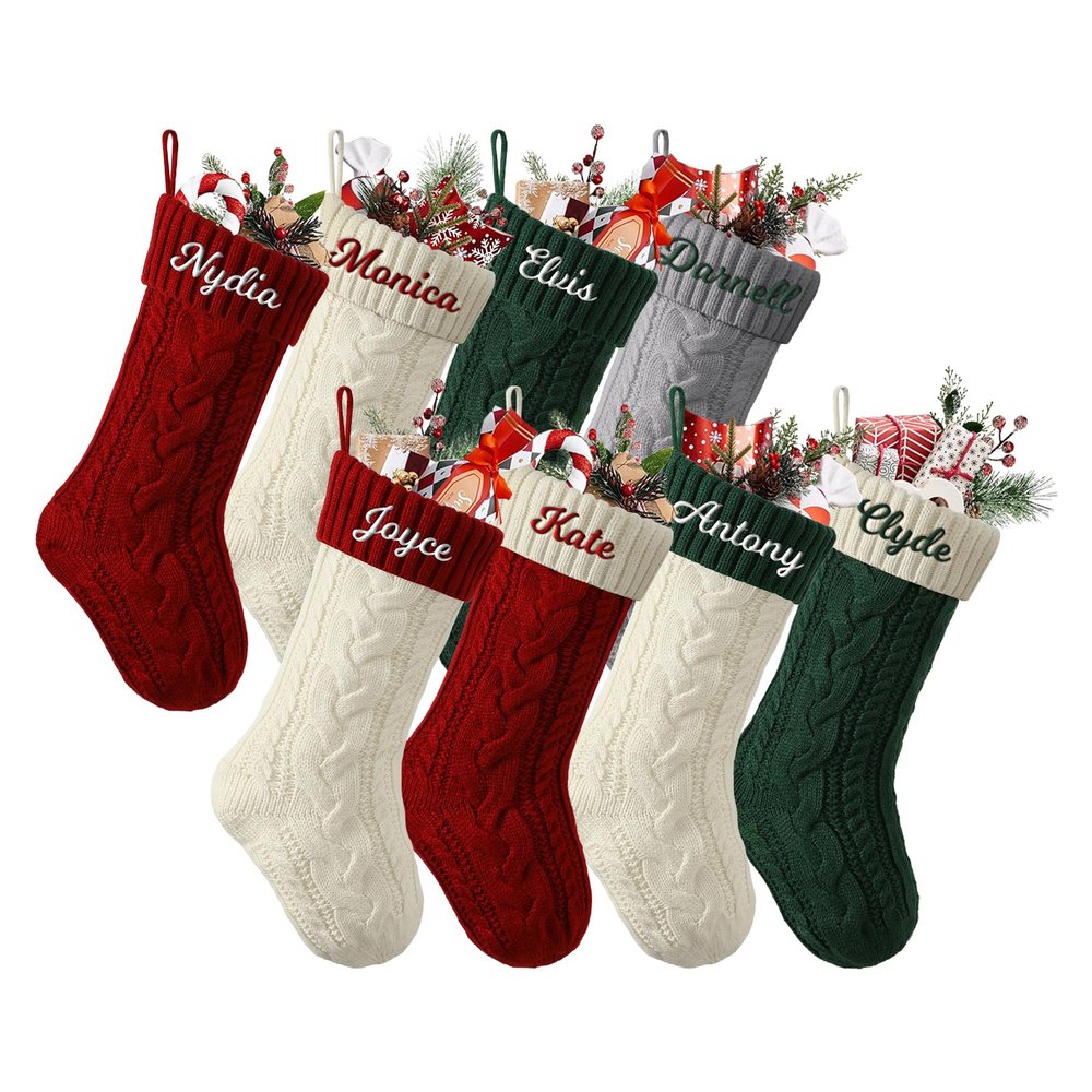 Personalized Christmas Stockings Set of 8 Custom Name Family Christmas Stockings 18 Large Knit Knitted Xmas Stocking for Kids, Rustic Farmhouse Fireplace Hanging Ornament Holiday Xmas Decoration