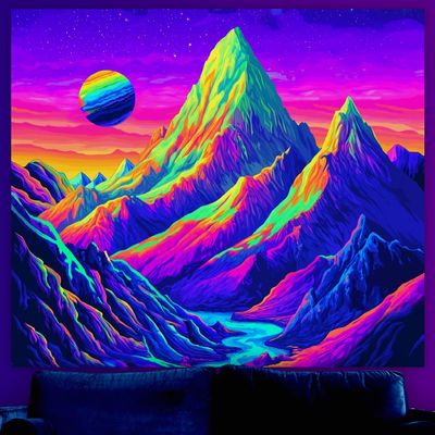 WEBEEDY Glow in The Dark Sunset Mountain Tapestry Colorful Lake UV Reactive Tapestry Nature Starry Sky Posters Tapestries Aesthetic Wall Hanging Decor for Living Room Dorm,51.2x 59.1/130x150cm