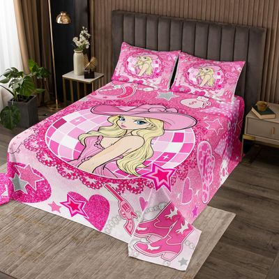 Western Cowgirl Princess Bedspread King Size,Cactus Cowgirl Boot Cap Bowknot Coverlet Set,Girls Women Room Decor,Star Love Heart Glitter Romantic Quilted Coverlet,Pink Bedding Quilt,2 Pillowcases