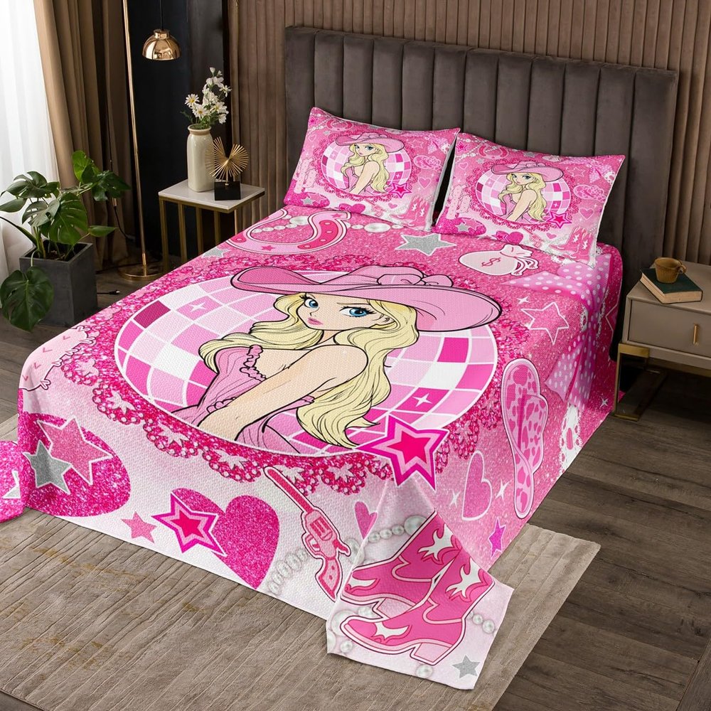 Western Cowgirl Princess Bedspread King Size,Cactus Cowgirl Boot Cap Bowknot Coverlet Set,Girls Women Room Decor,Star Love Heart Glitter Romantic Quilted Coverlet,Pink Bedding Quilt,2 Pillowcases