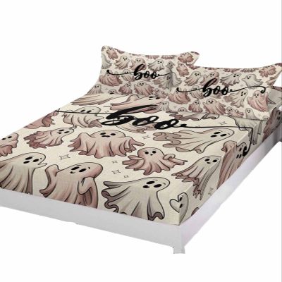 Bedding Full Size Fitted Sheets Fit 5"-16" Deep Pocket Mattress,Vintage Cartoon Ghost Halloween Soft Bottom Sheet Funny White Cute Boo on Linen Fitted Sheet Bed Set with Pillow Case