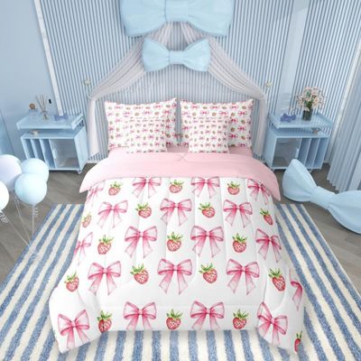 7 Pieces Pink Bowknot Kids Comforter King,Strawberry Summer Fruit Toddler Bedding Set,Bow Tie Butterfly Knot Princess Cartoon CuteComforter+Fitted+Flat Sheet+2 Pillowcases+2 Throw Pillow Covers