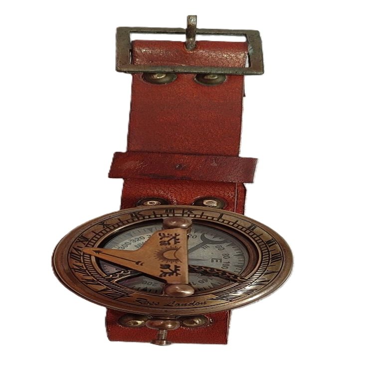 2 Antique Sundial Compass with Brown Leather Wristband  Real Leather Navigational Tool for Hiking & Survival