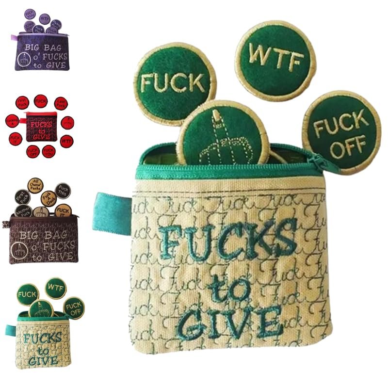 Big Bag of F*cks to Give Zipper Pouch, with Different Fucks Zipper Prefect Felt Coins That Can Be Embroidered on Clothes, Hats, Bag of Fucks Gag Gift for Friends (Green)