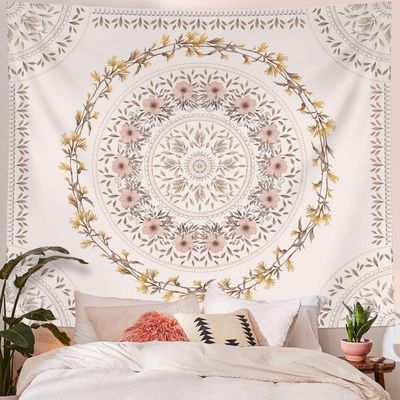 White Pink Bohemian Tapestry Wall Hanging, Mandala Floral Medallion Hippie Tapestry with Light Brown Aesthetic Wreath Design, Cream Wall Decor Blanket for Bedroom Home Dorm(White,36.00" x 48.00")