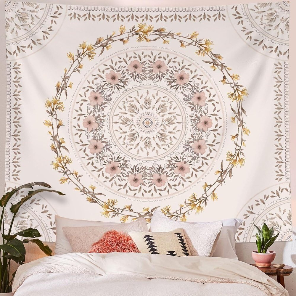 White Pink Bohemian Tapestry Wall Hanging, Mandala Floral Medallion Hippie Tapestry with Light Brown Aesthetic Wreath Design, Cream Wall Decor Blanket for Bedroom Home Dorm(White,36.00" x 48.00")