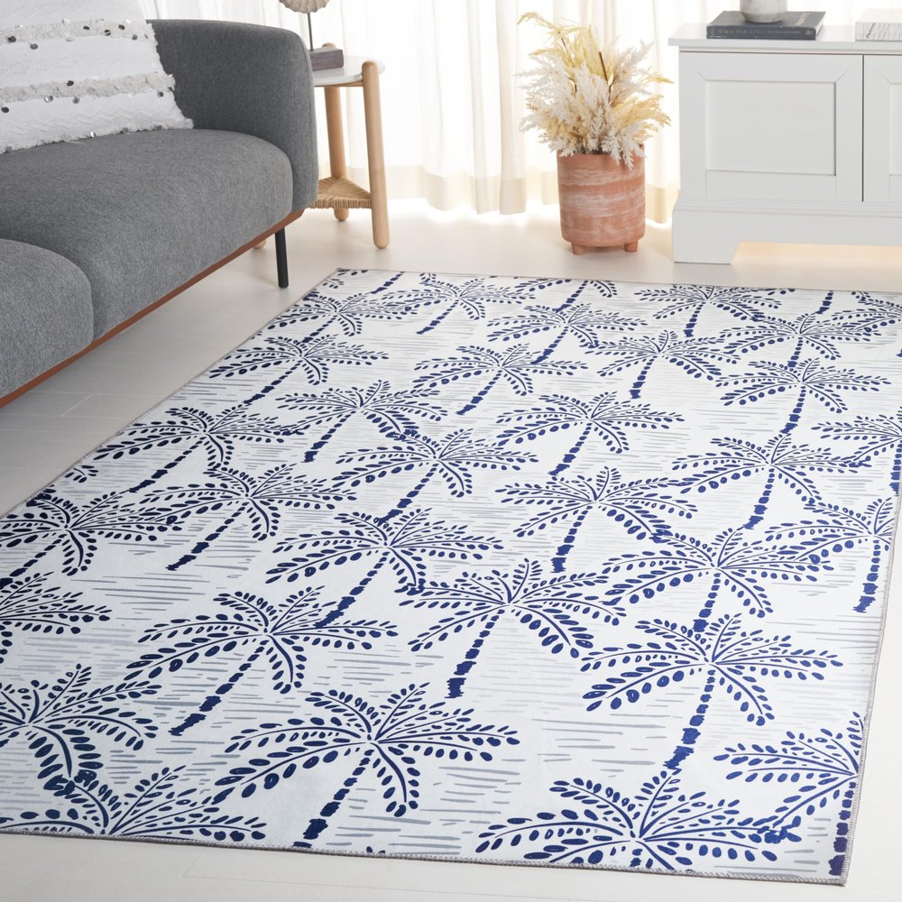 SAFAVIEH Washable Rug Malibu Collection - 5' x 8', Ivory & Navy, Slip Resistant & Easy Cleaning, Ideal for Living Room, Bedroom, Home Office, Nursery, Kids Playroom, Dining Space (MBU828A)