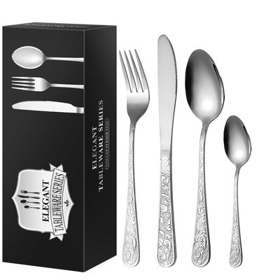 GOODJAYVEN Silverware Flatware Set, 40-piece Stainless Steel Pattern Tableware Set Hotel Household 10-person Tableware Steak Knife Fork Spoon(Silver)
