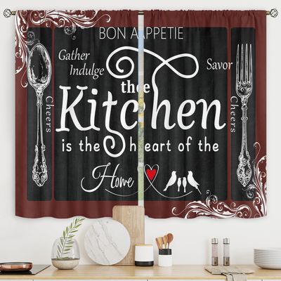Riyidecor Burgundy Black Kitchen Curtains Short Small Fork and Spoon Rustic Kitchenware Retro Vintage Rod Pocket Modern Funny Quotes Bedroom Living Room Treatment Fabric 2 Panels 27.5Wx39H Inch