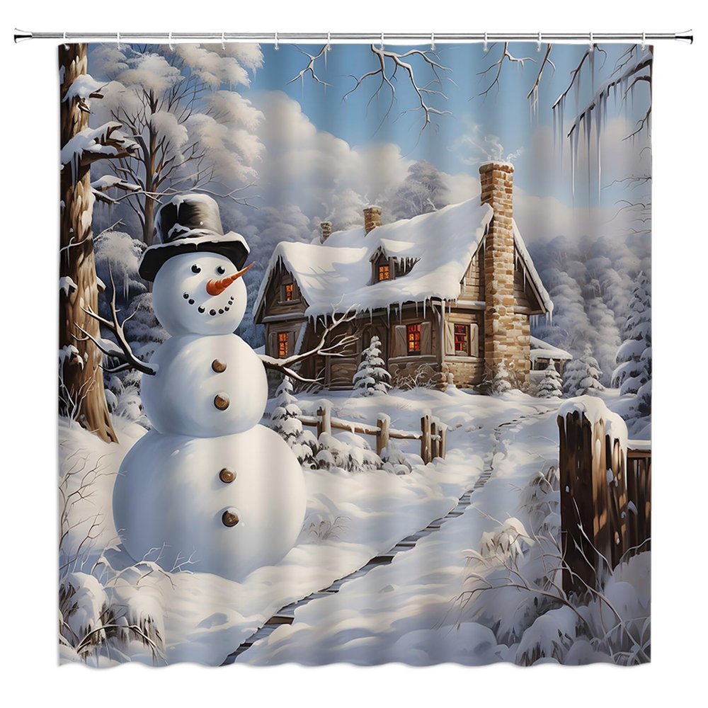 EVRCVAR Christmas Snowman Shower Curtain Winter Farmhouse Snow Scene Xmas Snowy Forest Rustic Holiday Happy New Year Bathroom Curtain Fabric with Hooks(70" WX70 H)