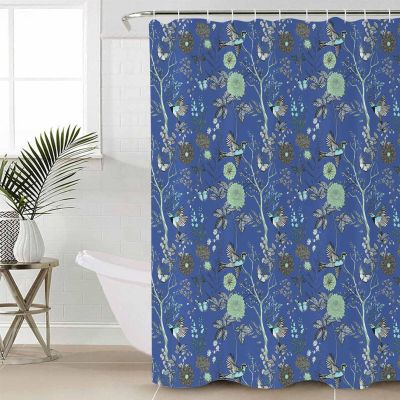 Blue Flowers Shower Curtain Set with Hook 36" x 72",Animal Birds Butterflies Nature Herbs Washable Cloth Polyester Fabric Shower+Curtain,Bath Curtains for Bathroom,Showers,Bathtubs Decor Accessories