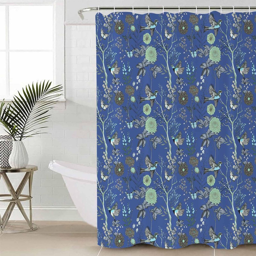 Blue Flowers Shower Curtain Set with Hook 36" x 72",Animal Birds Butterflies Nature Herbs Washable Cloth Polyester Fabric Shower+Curtain,Bath Curtains for Bathroom,Showers,Bathtubs Decor Accessories