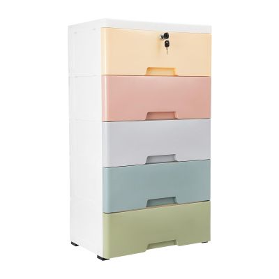 5 Layer Plastic Drawers Dresser, Storage Cabinet with 5 Drawers Closet Drawers with 4 Wheels Vertical Dresser with Lock Colorful Clothes Closet Chest Tower Tall Dresser Organizer (Macaron Color)