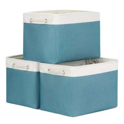Bidtakay Large Storage Baskets for Shelves 3 Pack 16x11.8x11.8 Inch Storage Bins for Organizing Fabric Storage Cubes for Closet Clothes Basket Laundry-White&Teal