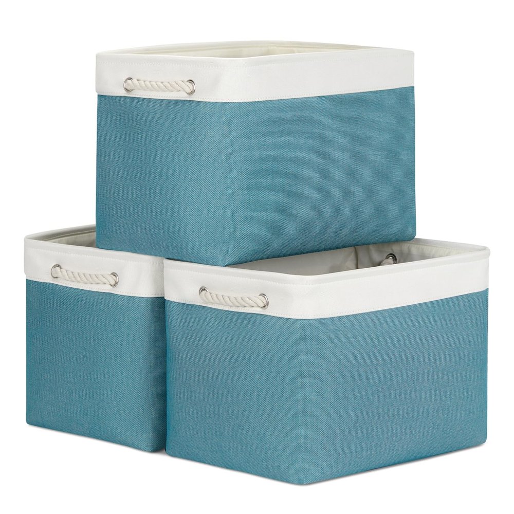 Bidtakay Large Storage Baskets for Shelves 3 Pack 16x11.8x11.8 Inch Storage Bins for Organizing Fabric Storage Cubes for Closet Clothes Basket Laundry-White&Teal