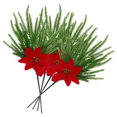 4 PCS Poinsettias Artificial Christmas Flowers, 17.7 Inch Faux Pine Greenery Stems for Flower Arrangements, Christmas Pine Picks Branches for DIY Crafts Wreath Home Garden Decor
