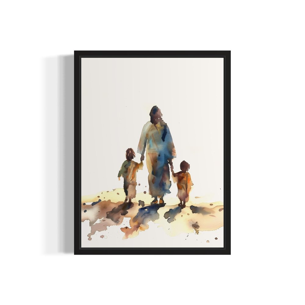 Jesus Walking with Children Art Print Poster, Religious Faith Spiritual Wall Art Painting Worship Prayer Artwork Posters for Bedroom Living Room Decorations (Jesus Walking with Children, 16x20 inches + (Black Frame))