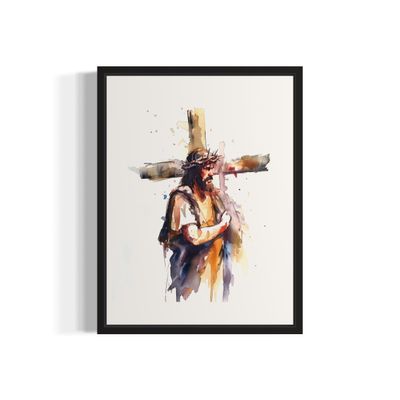 Jesus Carrying the Cross Art Print Poster, Religious Faith Spiritual Wall Art Painting Worship Prayer Artwork Posters for Bedroom Living Room Decorations (Jesus Carrying the Cross, 16x20 inches + (Black Frame))
